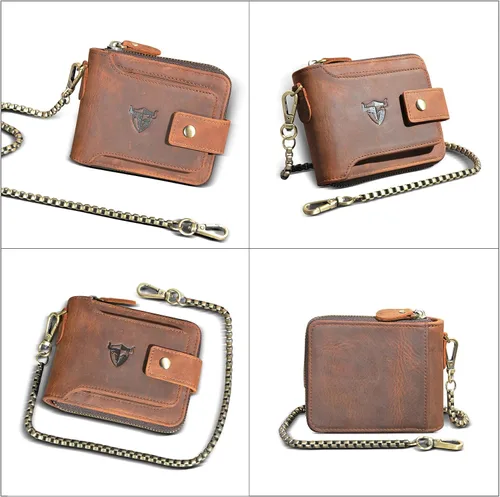 Vista 2 de Handadsume Genuino caballo loco cuero viaje regalo moneda bolsillo tarjeta caso largo organizador cadena Rfid monedero con broche para hombres