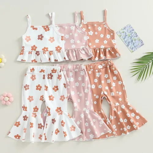 Vista 7 de Ropa de verano para bebé niña, sin mangas, estampado floral, correa acanalada, parte superior acampanada, pantalones de 2 piezas