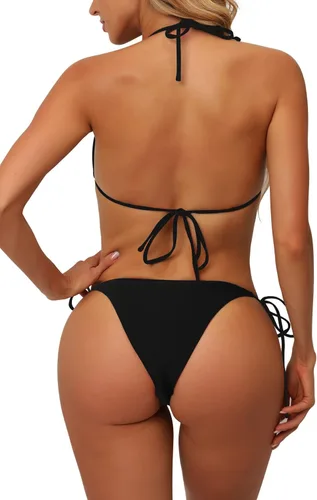 Vista 5 de Conjunto de bikini de 3 piezas para mujer, traje de baño triangular con parte inferior de tanga con malla para cubrir el traje de baño teñido anudado