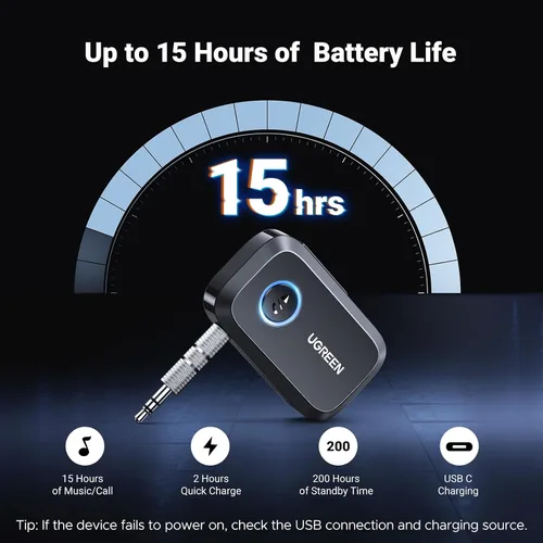 Vista 4 de UGREEN Adaptador Bluetooth 5.4 para automóvil, llamadas manos libres y cancelación de ruido, adaptador AUX a Bluetooth para automóvil, receptor