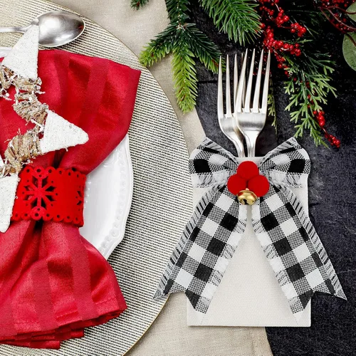 Vista 2 de 12 piezas de soporte para cubiertos de Navidad, soporte de utensilios de yute, soporte de vajilla de Navidad, cubertería de cuadros de búfalo, bolsa