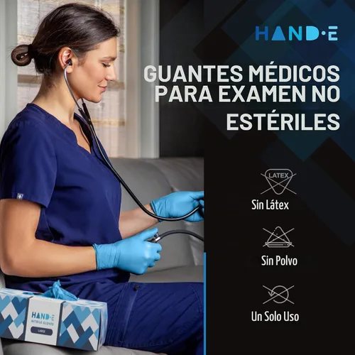Vista 2 de Guantes desechables de nitrilo azul Hand-E Touch - Guantes de examen médico sin látex, sin polvo, seguros para alimentos, para cocinar