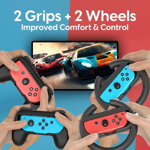 Vista 3 de TALK WORKS Super Combo Pack Accessories for Nintendo Switch - 2 Grips, 2 Wheel Controller Grips, 2 Game Card Holders, 1 Charging Dock, Thumb Grips
