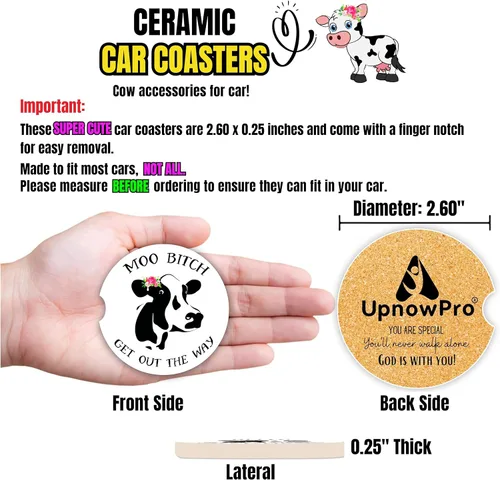 Vista 8 de Posavasos de vaca para coche para portavasos - 2 unidades, lindos accesorios de vaca para mujer con estampado de vaca, divertidos artículos de vacas