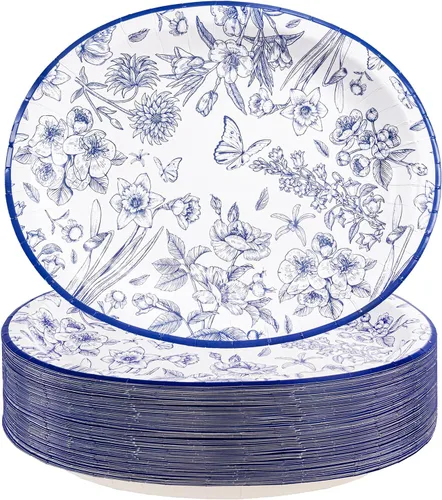 Vista 12 de WDF Paquete de 50 platos florales ovalados de papel, platos llanos desechables grandes de 10 x 12 pulgadas, platos desechables florales