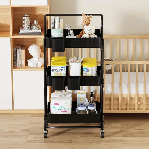 Vista 8 de Carrito plegable de 3 niveles con ruedas, carrito de utilidad plegable organizador, carrito de almacenamiento plegable con 3 tazas colgantes y 6