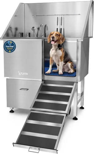 Vista 15 de KANIS Estación profesional de lavado de perros – Fregadero de lavado de mascotas de acero inoxidable 304 y bañera de aseo con ducha, rejillas