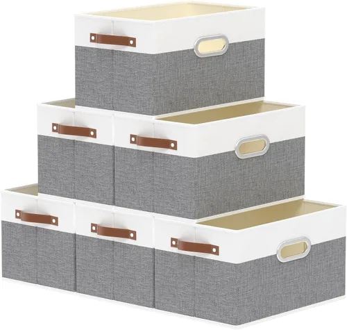 Vista 9 de Yawinhe Cestas de almacenamiento de tela, organizador plegable de armario para estantes, cajas grandes con 3 asas, contenedores de lona para ropa