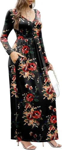 Vista 4 de GRECERELLE Vestido largo para mujer, manga larga, cuello en V, casual, con botones, estilo bohemio, con bolsillos