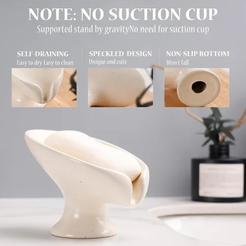 Vista 4 de Jabonera, Jabonera Autodrenante para Barra de Jabón para Fregadero de Baño, Jabonera de Cerámica con Forma de Hoja y Drenaje, Jabonera de Porcelana