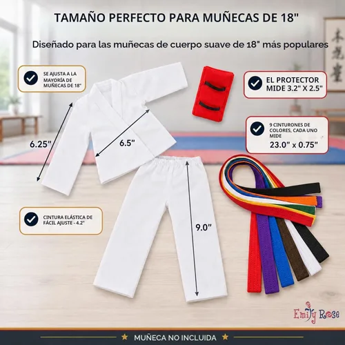 Vista 4 de Emily Rose Conjunto de karate de muñeca de 18 pulgadas - Juego de 11 piezas de Taekwondo Gi con cinturones