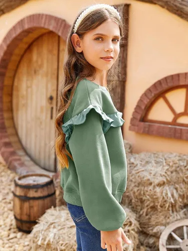 Vista 3 de Sudaderas casuales de cuello redondo para niñas, con volantes, manga larga, lindo color sólido