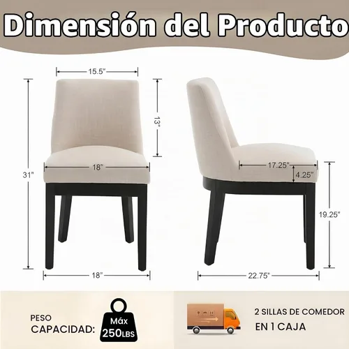 Vista 2 de HNY Juego de 2 sillas de comedor modernas con cómodo soporte de espalda, sillas de comedor tapizadas de lino suave con patas de madera maciza
