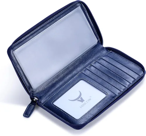 Vista 10 de HISCOW Funda de cuero para chequera, billetera con cremallera, color azul Aniline Cuero Azul
