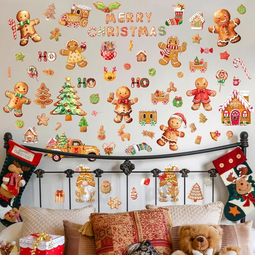 Vista 7 de Calcomanías de pared de pan de jengibre de Navidad, 12 hojas, calcomanías de pared de Navidad, decoración de pan de jengibre, calcomanías de vinilo