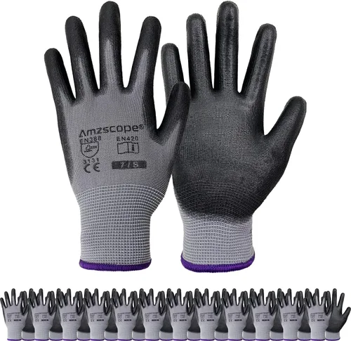 Vista 10 de Guantes de trabajo con revestimiento de poliuretano, 12 pares, guantes de jardín finos para hombres y mujeres, ideales para trabajo ligero