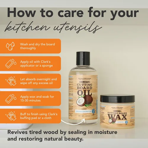 Vista 3 de CLARK'S Kit de cuidado de tabla de cortar con aceite de coco, incluye aceite de bloque de carnicero y cera, fabricado con aceite de coco refinado
