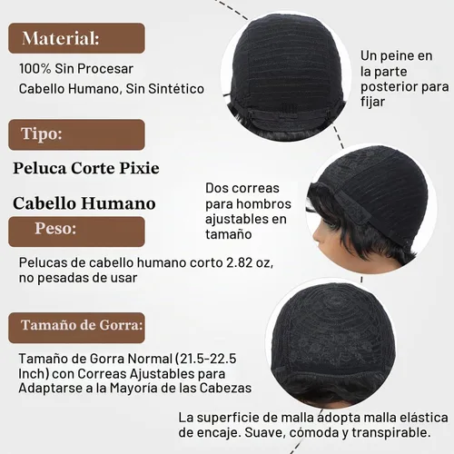 Vista 5 de YOUKNOWIG Peluca corta de corte Pixie en capas, pelucas de cabello humano sin pegamento con corte Pixie para mujeres negras, hechas a máquina, sin