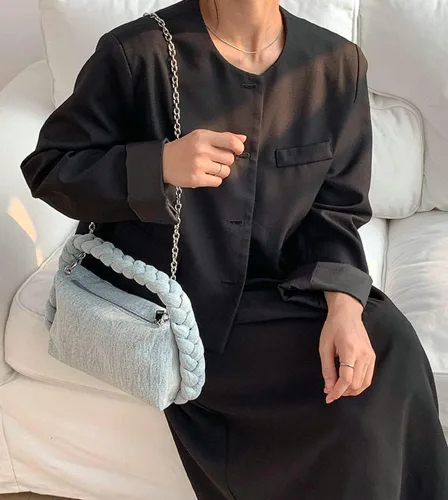 Vista 7 de Bolso de mezclilla vintage para mujer, bolso de mezclilla tejido con asa superior, bolso cruzado ligero de diseñador con cadena