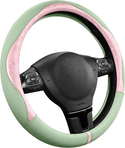 Vista 17 de PIC AUTO Funda para volante, diseño de retazos de cuero negro estampado y azul, ajuste universal de 14.5 a 15.5 pulgadas, antideslizante, sin olor