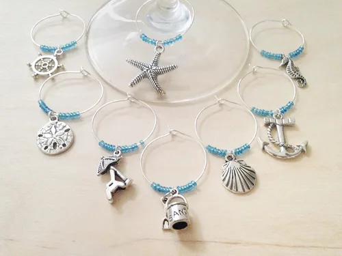 Vista 2 de Beach Themed Wine Charms, Gift for Beach Lover, beach themed, beach Vacation, Summer at the Shore, Set of 8. AQUA BEADS.