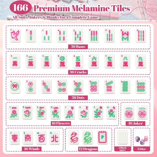 Vista 3 de American Mahjong Tile Set, 1.2 en 166 Pink Travel mah jongg juegos Rosa