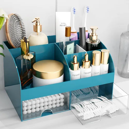 Vista 10 de Organizador de maquillaje con cajones, almacenamiento de cosméticos para tocador y encimera de baño, soporte de belleza para lápiz labial y brochas