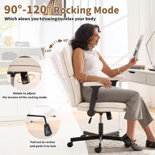 Vista 6 de Silla de oficina ajustable con respaldo medio, cómoda, de lino, ergonómica, con respaldo para el hogar, silla de computadora con reposabrazos Beige