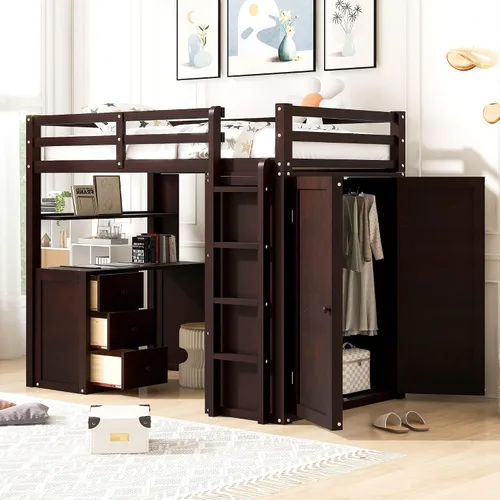Vista 31 de Cama loft de madera tamaño matrimonial con escritorio en forma de U y espejo de tres pliegues, base de cama tipo loft multifunción con Espresso-10.16