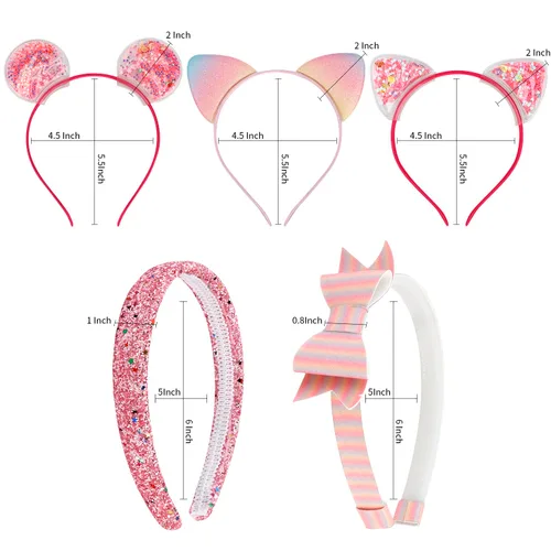 Vista 7 de Chanaco Diadema de orejas de gato, 5 unidades, diademas rosas para niñas pequeñas, diadema con lentejuelas con purpurina, linda diadema para niños