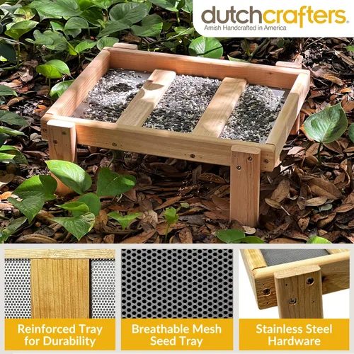 Vista 5 de DutchCrafters Bandeja grande de madera de cedro con plataforma abierta para pájaros, alimentador de semillas de pájaros de madera para pájaros