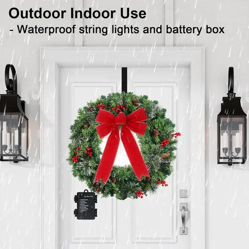 Vista 5 de Corona de Navidad Prelit de 24 pulgadas con Colgador para Puerta Delantera, Decoraciones de Navidad, 8 Modos de Luz, Impermeable, Funciona