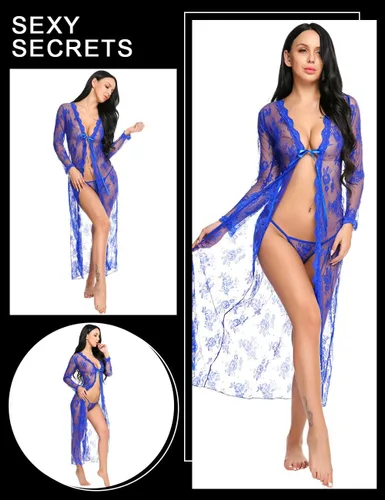 Vista 2 de Lencería para mujer sexy, largo vestido de encaje transparente vestido transparente de bata Kimono Azul