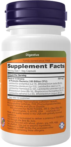 Vista 2 de NOW Foods Suplementos, Probiotic-10™, 100 mil millones, con 10 cepas probióticas, libre de lácteos, soja y gluten, cepas verificadas, 30 cápsulas