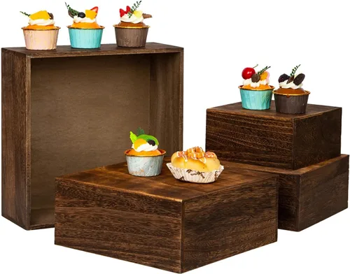 Vista 8 de Soportes cuadrados de madera vintage para tartas de madera, juego de 4 soportes de madera para cupcakes, cajas de madera rústica de 12 pulgadas