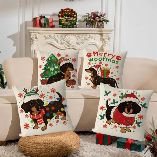Vista 4 de Juego de 4 fundas de almohada navideñas para decoración de perro salchicha para el hogar, sofá, sala de estar, 16 x 16 pulgadas