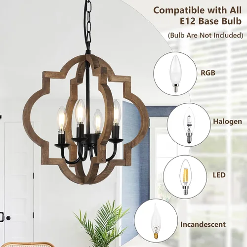 Vista 4 de Lámparas de araña de granja, lámparas de 4 luces para comedor sobre la mesa, lámparas de araña de madera maciza para comedor, lámparas rústicas