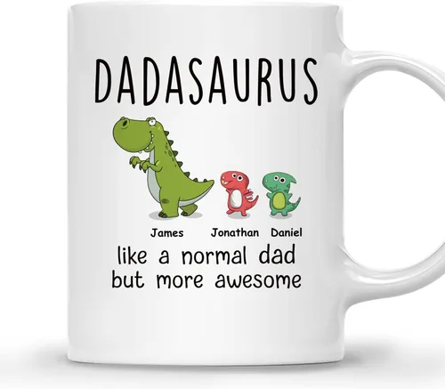 Vista 14 de Gossby Taza de Café Personalizada DADASAURUS – Regalo Personalizado para Papá de Niño, Hija, Hijo, Esposa Con Diseño, Nombres – Divertido Día