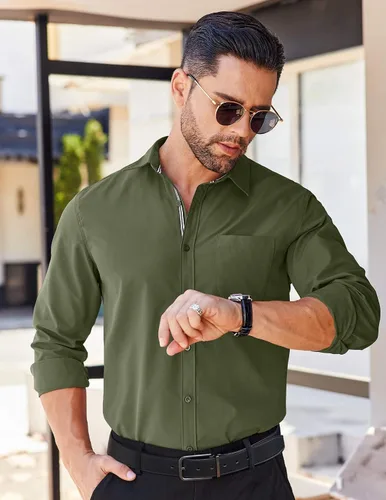 Vista 3 de COOFANDY Camisa para hombre de manga larga casual con botones, camisas sin doblar para hombre de ajuste regular