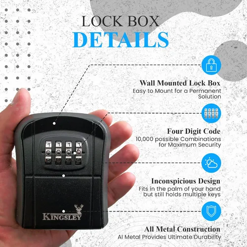 Vista 6 de Kingsley QCH-807 Caja de almacenamiento de llaves, montada en la pared Resettable Code, Water Resistant, Realtor Key Lock Box, For AirBnB, Spare