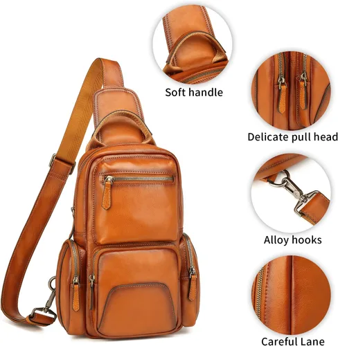 Vista 4 de Lieseh Bolso bandolera de cuero genuino para hombre, bandolera para hombro, pecho, mochila de viaje al aire libre