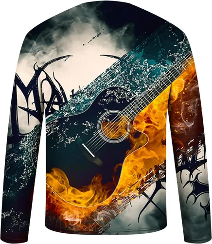 Vista 5 de Muscularfit Camisas para hombre, manga larga, estilo casual, estilo fresco, con estampado de guitarra, pulóver, hip hop, cuello redondo, sudadera a