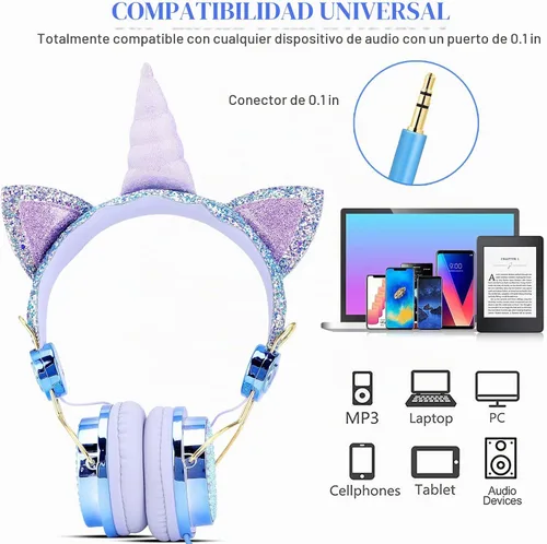 Vista 3 de TCJJ Unicorn - Auriculares con cable para niños con micrófono, conector de Azul