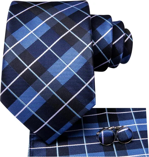 Vista 163 de Hi-Tie Corbata clásica de cachemira para hombre con pañuelo y gemelos a cuadros