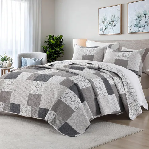 Vista 2 de SahSahCasa Edredón tamaño Queen, edredón acolchado a cuadros 100% algodón para cama Queen, colchas florales, colcha reversible de estilo campestre