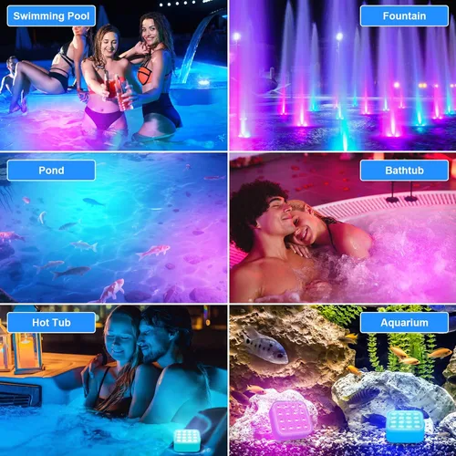 Vista 8 de Luces de piscina recargables con control remoto, 16 luces LED sumergibles con cambio de color, impermeables para piscina enterrada, estanques