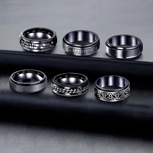 Vista 4 de LOWNOUR Anillos antiestrés para la ansiedad, 6 unidades, anillos de acero inoxidable para hombres, anillos giratorios negros para la ansiedad, juego