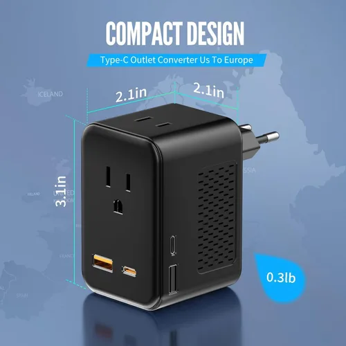 Vista 6 de Convertidor de voltaje de 220 V a 110 V de EE. UU. a Europa, adaptador de viaje convertidor de enchufe para Europa con 20 W PD y 2USB-A y 2USB-C