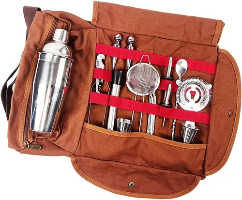 Vista 7 de DUEBEL Kit de barman Juego de herramientas de barra de mixología profesional de 24 piezas con bolsa de viaje y elegante soporte de bambú