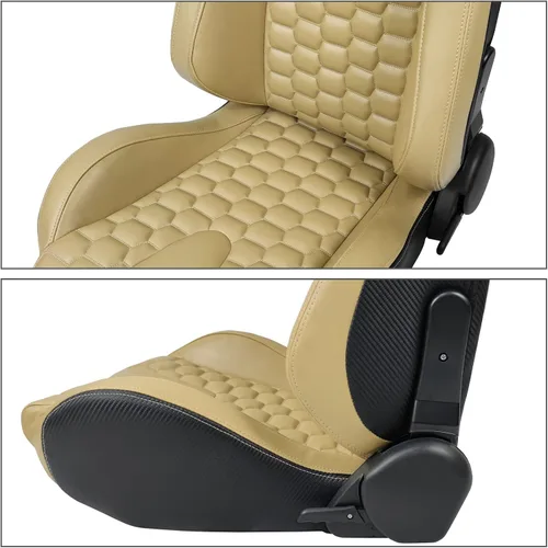 Vista 8 de IKON MOTORSPORTS, Asientos universales para vehículos de carreras con deslizadores dobles, asientos deportivos reclinables de cuero PU beige + cuero